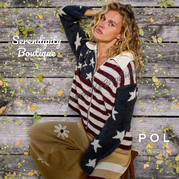 POL American Flag Slouchy Baggy Long Sleeve Cozy Zip Up Cardigan Sweater - Picture 1 of 10
